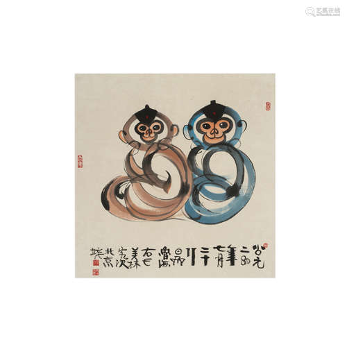 韓美林 雙猴圖設色紙本 鏡框