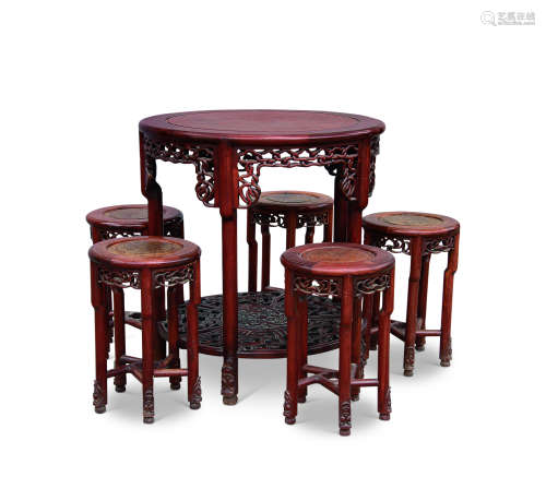 清 红木嵌瘿木圆桌 （六件套）