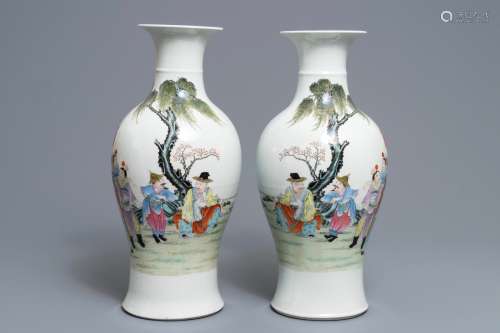 A pair of Chinese famille rose vases, Qianlong mark, Republic, 20th C.