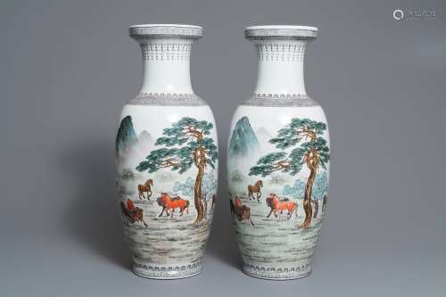 A pair of Chinese 'nine horses' vases and three famille rose jardinières, Republic, 20th C.