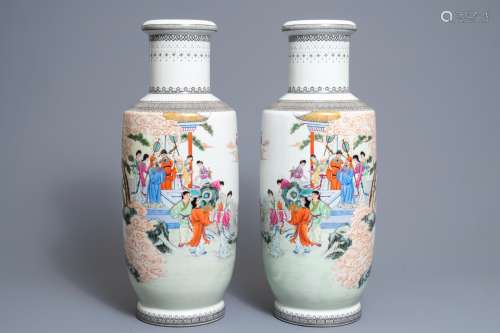 A pair of fine Chinese famille rose rouleau vases, Qianlong mark, Republic, 20th C.