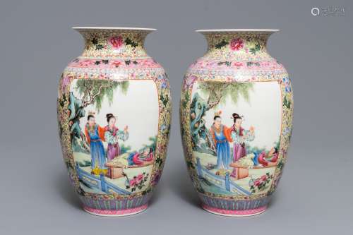 A pair of fine Chinese famille rose vases, Qianlong mark, Republic, 20th C.