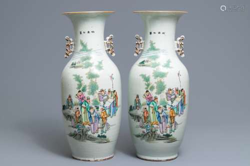 A pair of Chinese famille rose vases with sages in a landscape, 19/20th C.