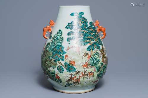 A Chinese famille rose 'hundred deer' hu vase, Qianlong mark, 19/20th C.