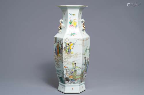 A hexagonal Chinese famille rose ‘Legend of the White Snake’ vase, 19th C.