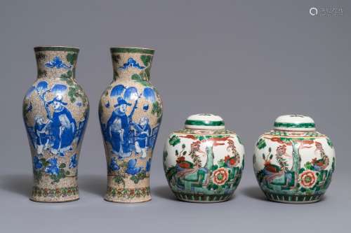 A pair of Chinese famille verte vases and a pair of covered jars, 19th C.