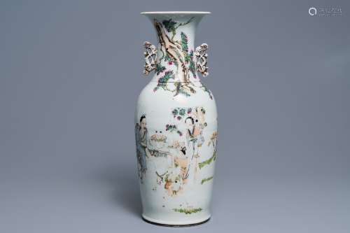 A Chinese qianjiang cai vase with figures around a table, 19th C.