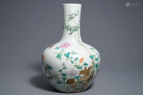 A Chinese famille rose tianqiu ping vase with birds, Qianlong mark, 19th C.