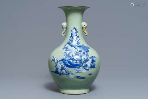 A Chinese blue and white on celadon ground bottle vase, 19th C.