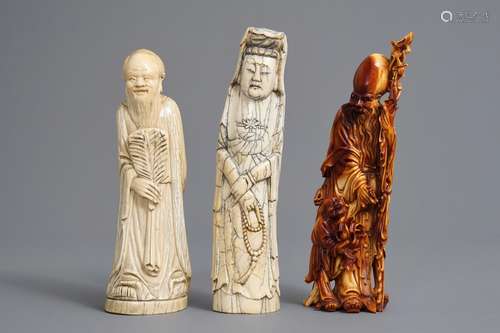 Three Chinese carved ivory 'immortal' figures, ca. 1900