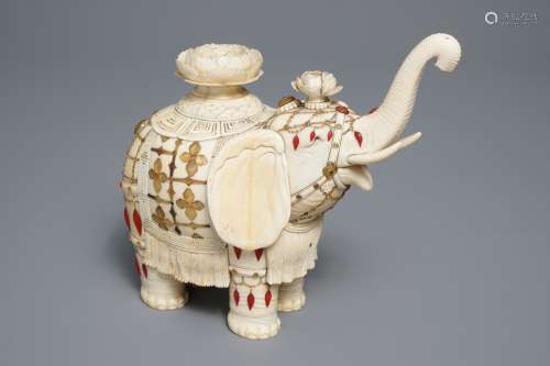 A Chinese hardstone-inlaid ivory model of an elephant, late 19th C.