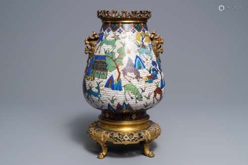 A Chinese gilt-bronze mounted cloisonné hu vase with deer in a landscape, 18/19th C.