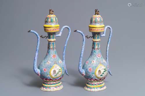 A pair of Chinese Islamic market Canton enamel ewers and covers, Qianlong/Jiaqing
