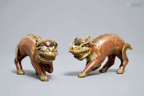 A pair of Chinese cloisonné and gilt bronze models of qilins, Qianlong