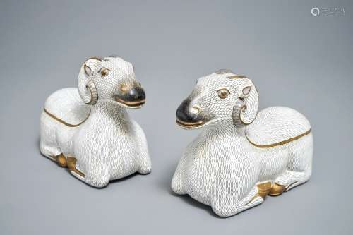 A pair of Chinese cloisonné and gilt bronze models of rams, Qianlong