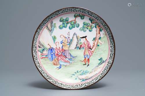 A Chinese Canton enamel ‘European subject’ plate, Qianlong