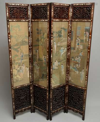 A Chinese mother-of-pearl inlaid wooden screen with silk paintings, 19th C.