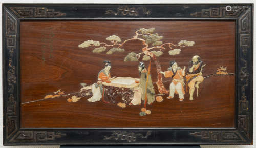 A Chinese soapstone-embellished wood panel, Republic, 20th C