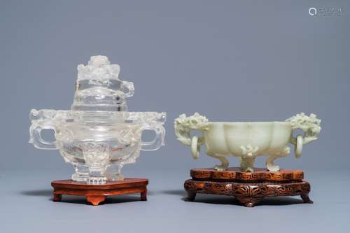 Two Chinese jade and rock crystal censers, 20th C.