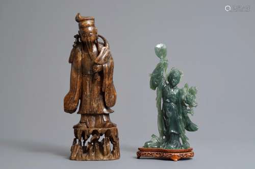 Two tall Chinese carved jade and soapstone figures, 19/20th C.