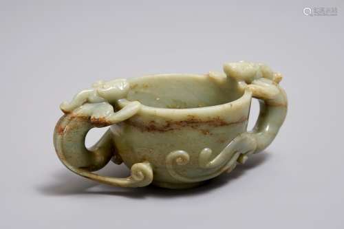 A Chinese celadon and brown jade chilong-handled cup, prob. early Qing