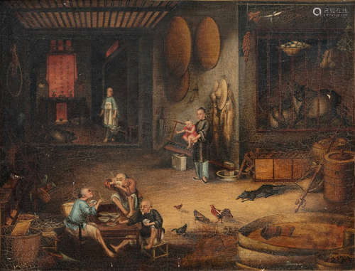 Tingqua (Canton, ca. 1809-1870): A tea scene in the stable, oil on canvas, signed l.r.