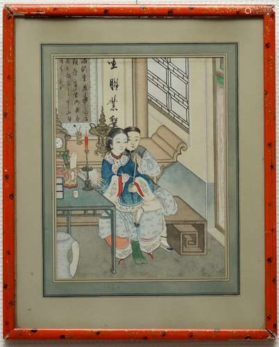 Chinese school: A couple lighting the opium pipe, ink and colour on paper, 18/19th C.