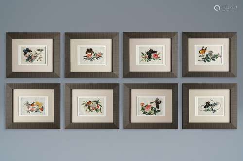 Eight Chinese Canton rice paper paintings with flowers and butterflies, 19th C.