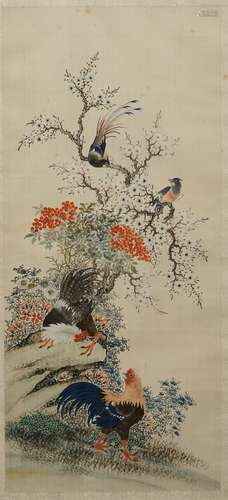 Chinese school: Birds among flowering branches, ink and watercolour on silk, 18/19th C.