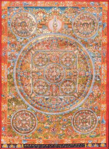 A large and fine inscribed 'mandala' thangka with decorated back, Tibet, 19th C.