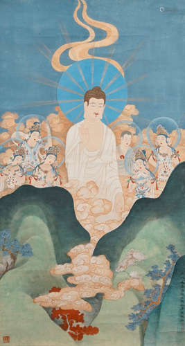 Ji Kang (1911-2007): Guanyin surrounded by tutelars, watercolour and ink on paper mounted on scroll, 20th C.