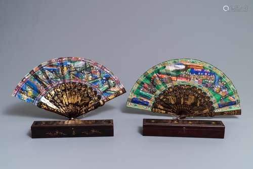 Two Chinese lacquer and painted paper fans with original boxes, Canton, 19th C.