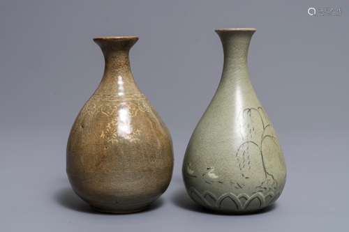 Two Korean celadon-glazed bottle vases, Goryeo and Joseon