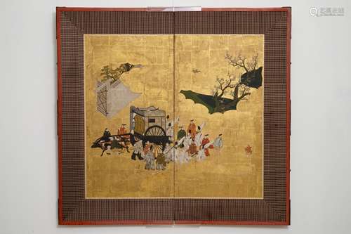 A Japanese two-fold painted byobu screen with travellers in a landscape, Edo, 17/18th C.