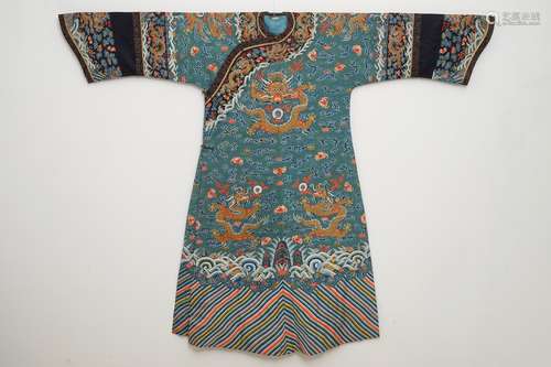 A Chinese embroidered turquoise-ground five-clawed dragon robe, 'jifu', 19th C.