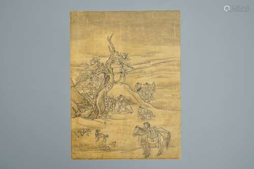 Korean school: Figures in a landscape, ink on paper, Joseon, 18/19th C.