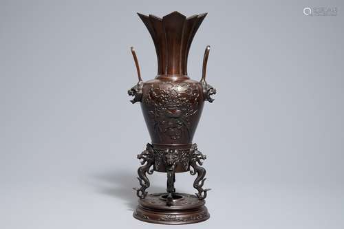 A tall Japanese bronze koro incense burner, Meiji, 19th C.