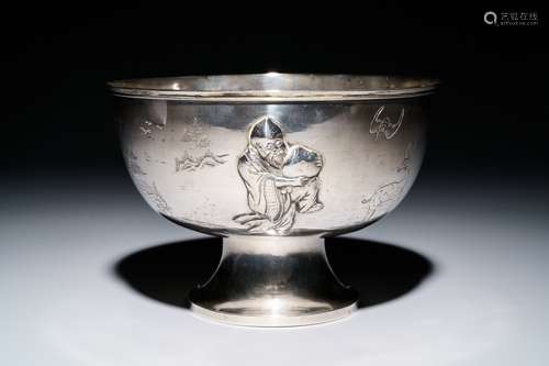 A Chinese silver 'Shou Lao' stem bowl, 19/20th C.