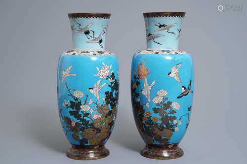 A pair of Japanese cloisonné vases with birds and flowers, Meiji, 19th C.