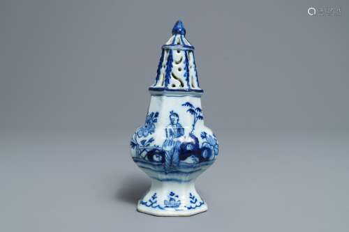 An octagonal Dutch Delft blue and white chinoiserie caster, 18th C.