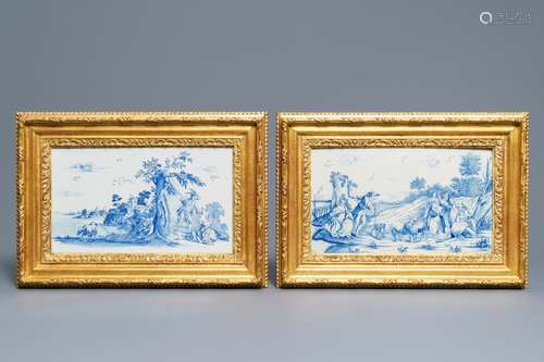 A pair of fine Dutch Delft blue and white romantic scene plaques, 18th C.