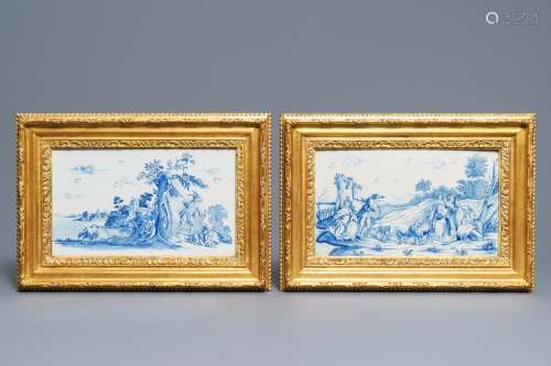 A pair of fine Dutch Delft blue and white romantic scene plaques, 18th C.