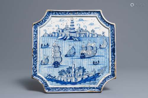 A Dutch Delft blue and white 'maritime subject' plaque, 18th C.