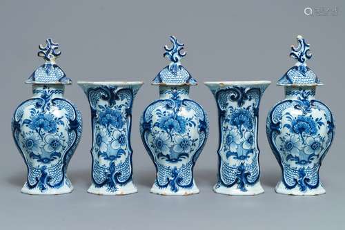 A Dutch Delft blue and white five-piece garniture with floral design, 18th C.