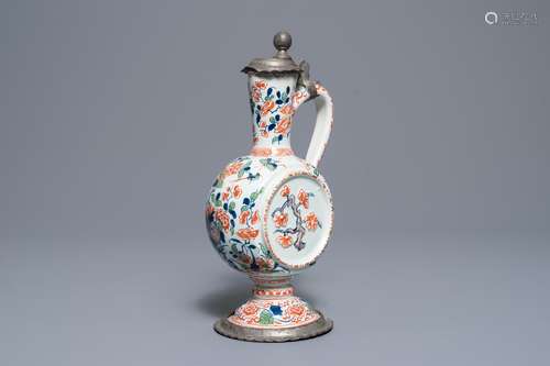 A pewter-mounted Dutch Delft cashmere palette relief-decorated jug, 1st half 18th C.