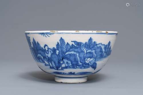 A Dutch Delft blue and white chinoiserie bowl, 17th C.