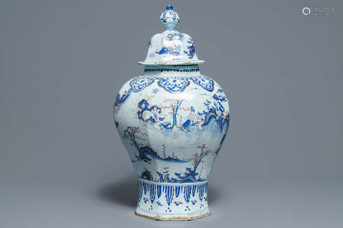 A large blue, white and manganese octagonal chinoiserie vase and cover, Nevers, 18th C.