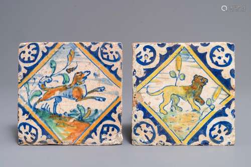 Two polychrome maiolica tiles with a dog and a bear, Antwerp or Middelburg, late 16th C.