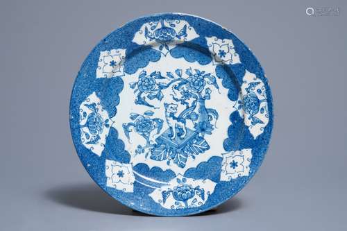 An English Delftware blue and white plate, Bristol or Liverpool, 18th C.