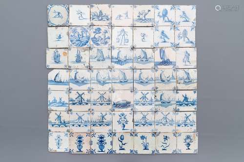 49 Dutch Delft blue and white tiles with various designs, 17/18th C.